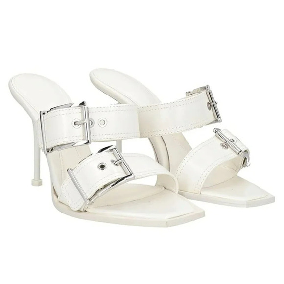 Alexander McQueen Women's White Double Buckle Punk Mules Size 41 (MSRP $1,090) - Picture 1 of 12
